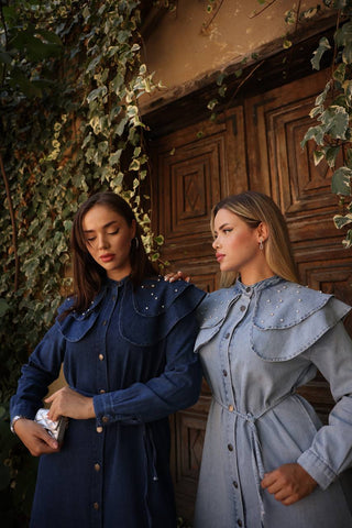 Light Wash Denim Dress with Lapel Collar and Rhinestone Design - By Baano