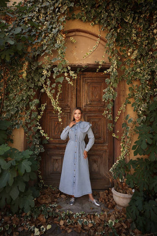 Light Wash Denim Dress with Lapel Collar and Rhinestone Design - By Baano