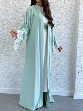 New In - Two Piece Abaya in Mint Green with a Belt and Lace Design Sleeves - By Baano