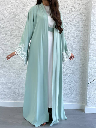 New In - Two Piece Abaya in Mint Green with a Belt and Lace Design Sleeves - By Baano