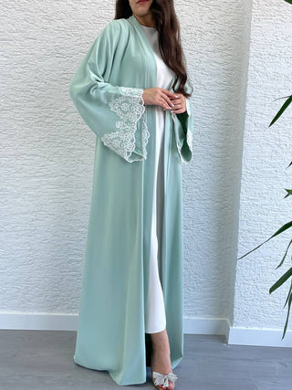 New In - Two Piece Abaya in Mint Green with a Belt and Lace Design Sleeves - By Baano