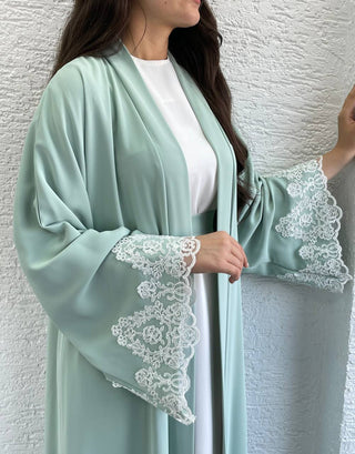 New In - Two Piece Abaya in Mint Green with a Belt and Lace Design Sleeves - By Baano