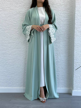 New In - Two Piece Abaya in Mint Green with a Belt and Lace Design Sleeves - By Baano