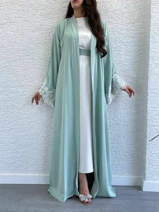 New In - Two Piece Abaya in Mint Green with a Belt and Lace Design Sleeves - By Baano