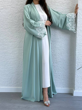 New In - Two Piece Abaya in Mint Green with a Belt and Lace Design Sleeves - By Baano