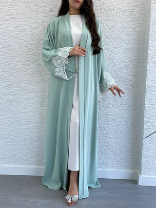 New In - Two Piece Abaya in Mint Green with a Belt and Lace Design Sleeves - By Baano