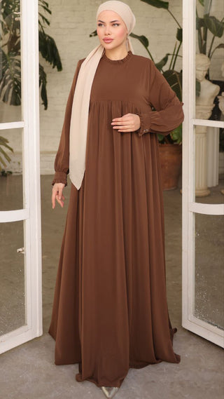 Gathered Sleeve Long Maxi Abaya Dress 38 Brown