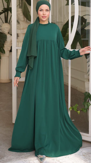 Gathered Sleeve Long Maxi Abaya Dress