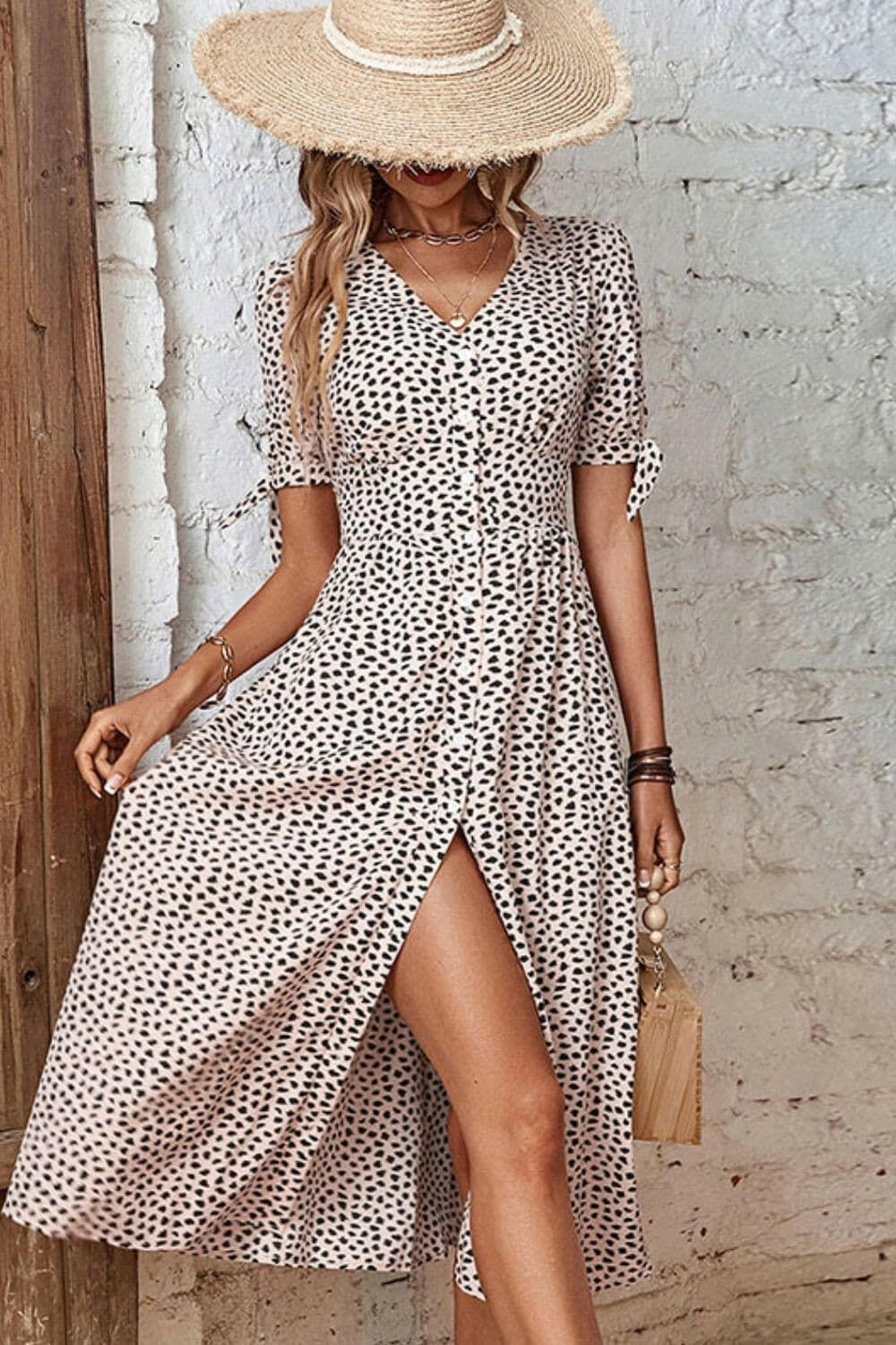 Animal Print Button Front V-Neck Tied Dress - By Baano