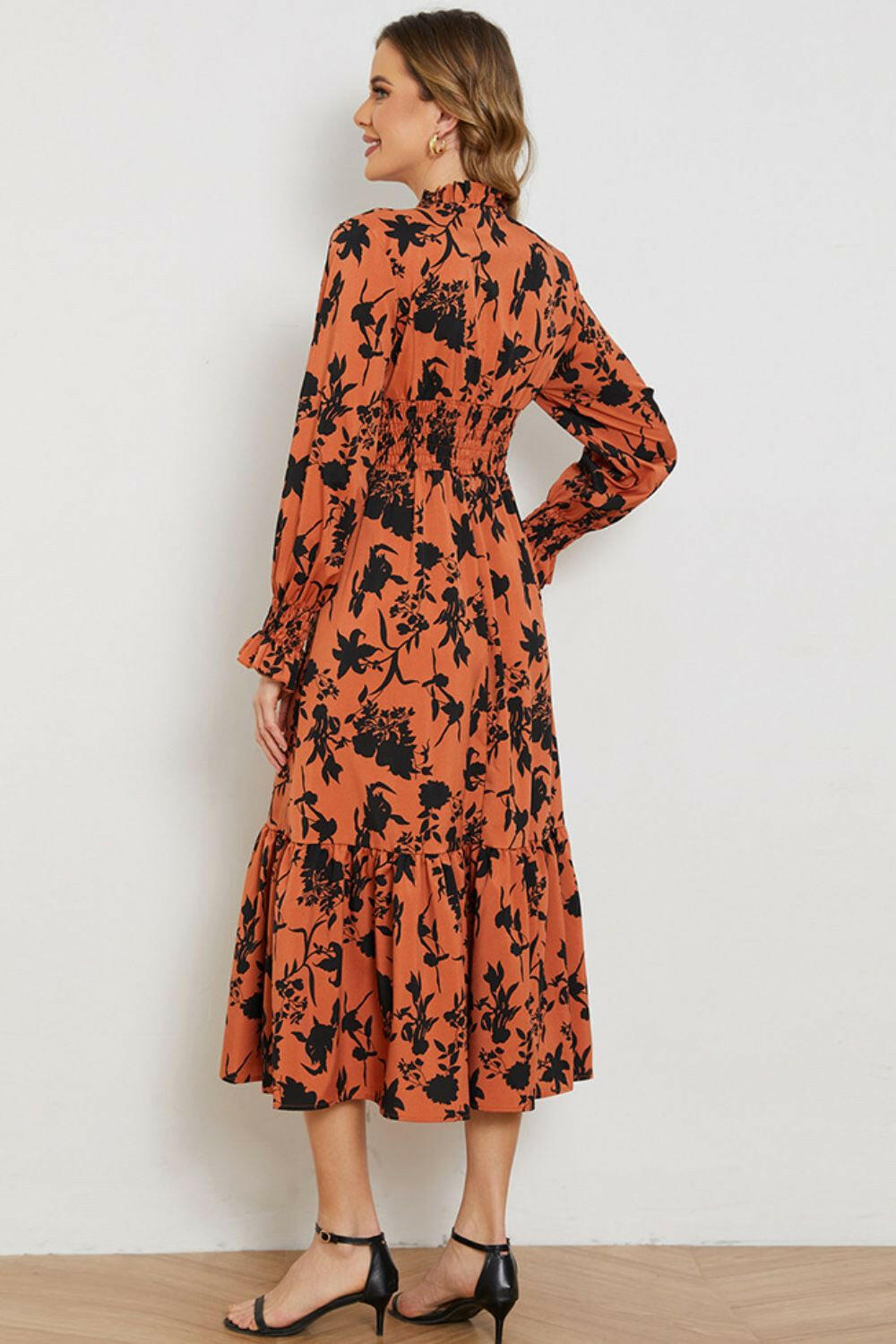 Floral Smocked Long Flounce Sleeve Dress - By Baano