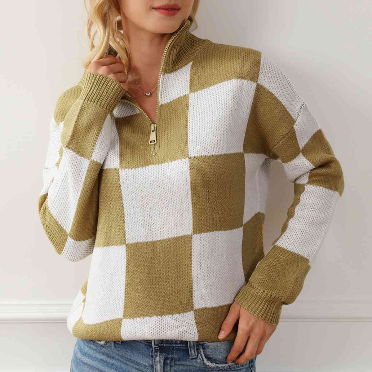 Checkered Half Zip Long Sleeve Sweater - By Baano