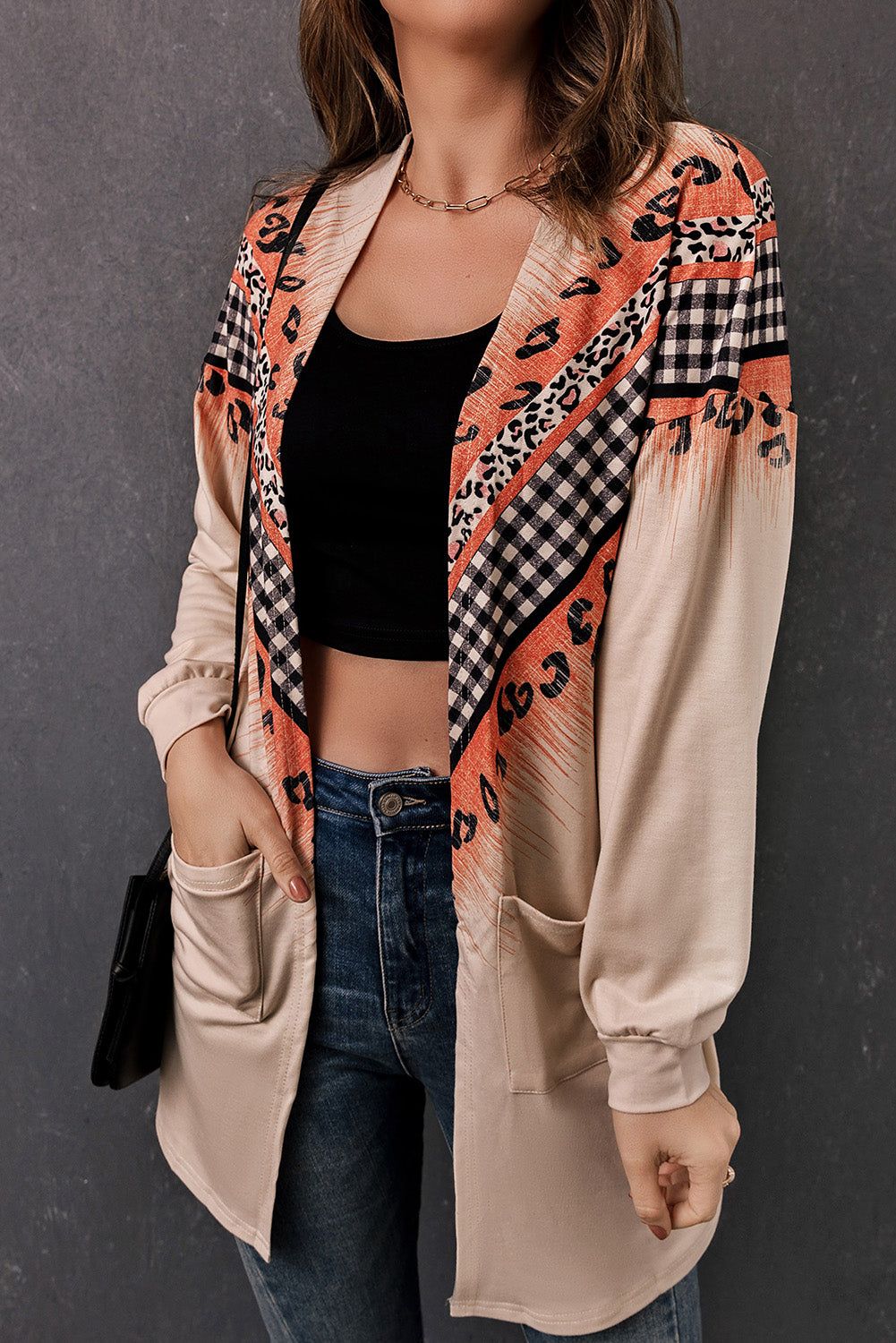 Double Take Leopard Plaid Open Front Longline Cardigan with Pockets - By Baano