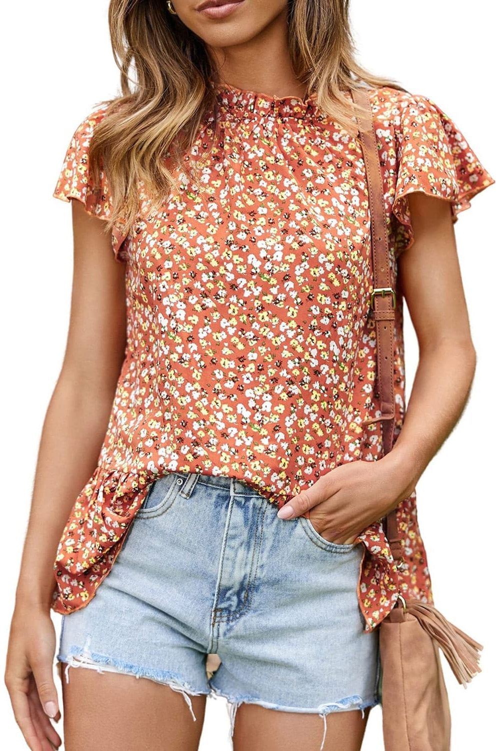 Floral Flutter Sleeve Frill Trim Blouse - By Baano