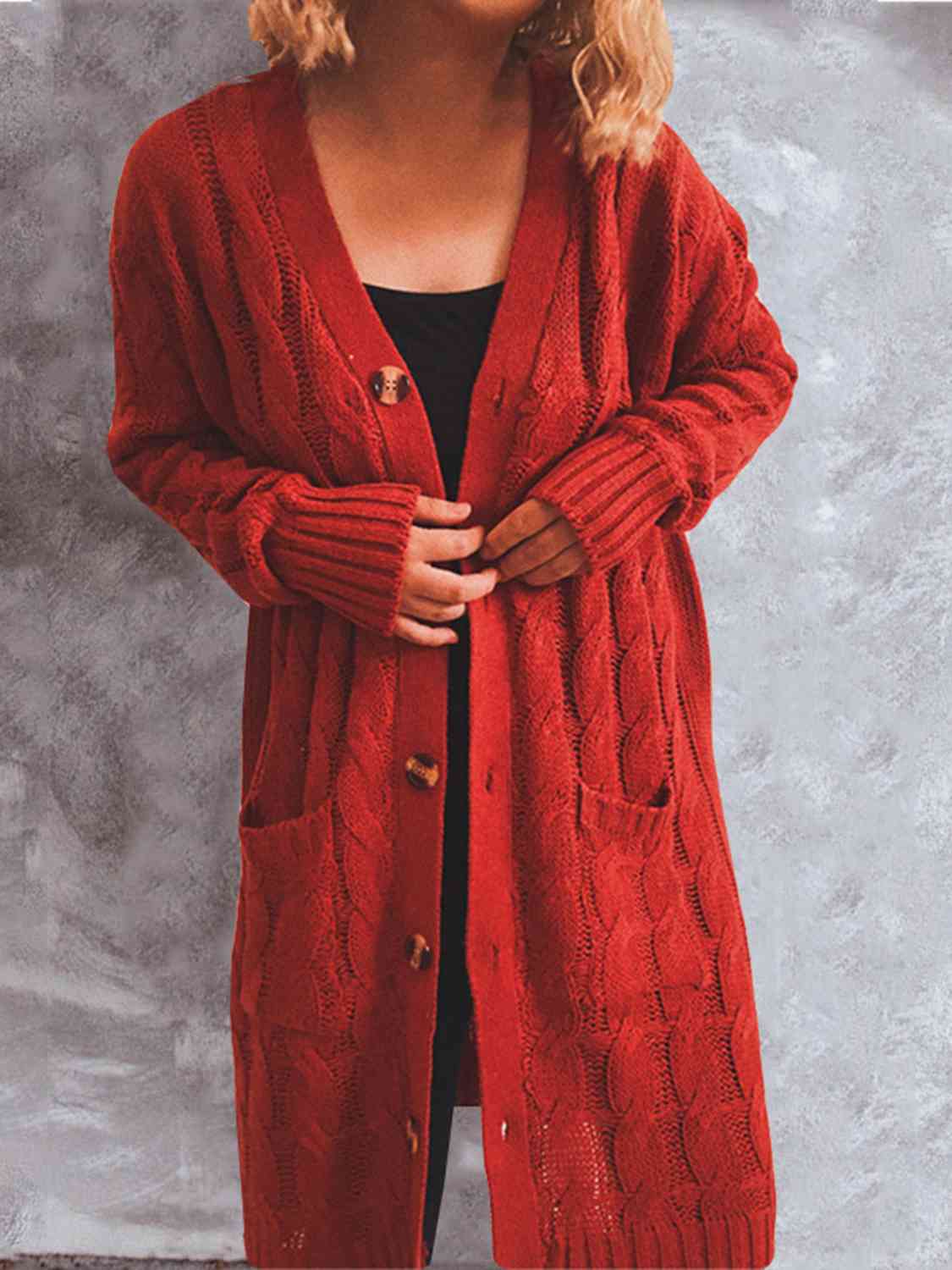 Button Up Cable-Knit Cardigan with Pockets - By Baano