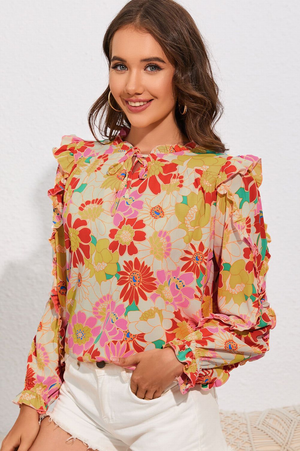 Double Take Floral Tie Neck Ruffled Blouse - By Baano