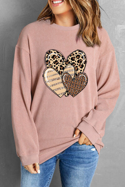 Heart Ribbed Round Neck Sweatshirt
