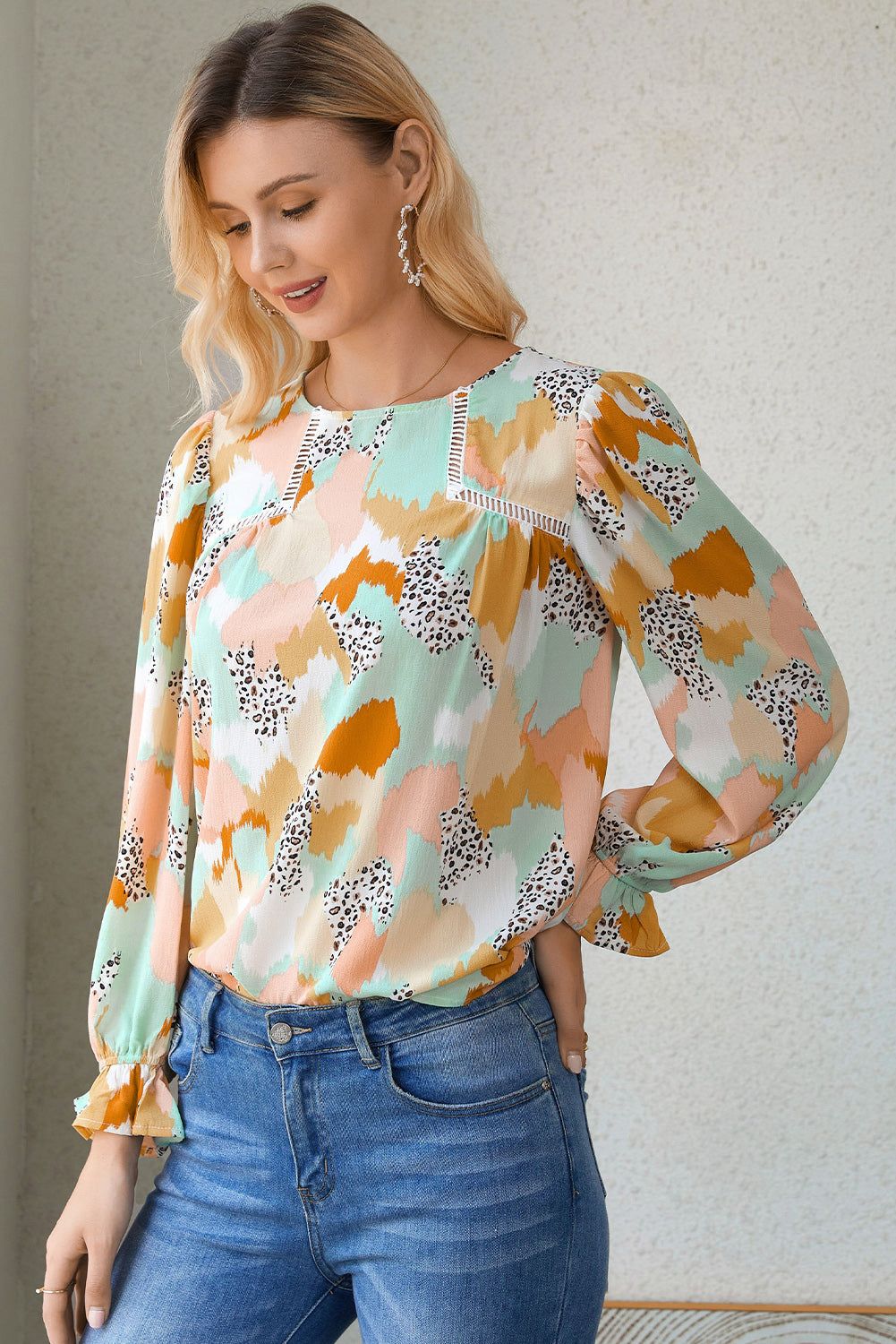 Printed Flounce Sleeve Buttoned Blouse.