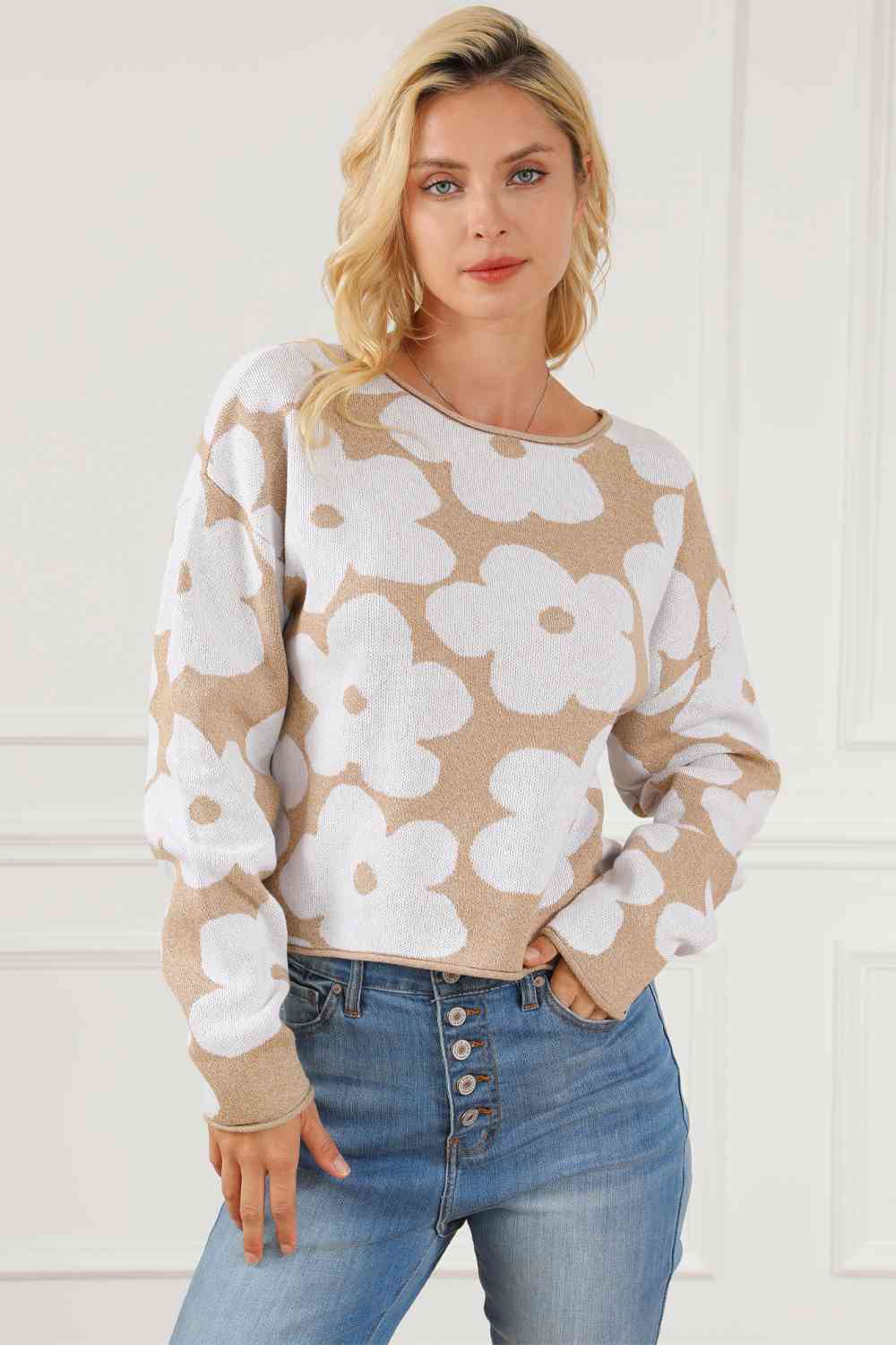 Floral Print Round Neck Drop Shoulder Sweater - By Baano