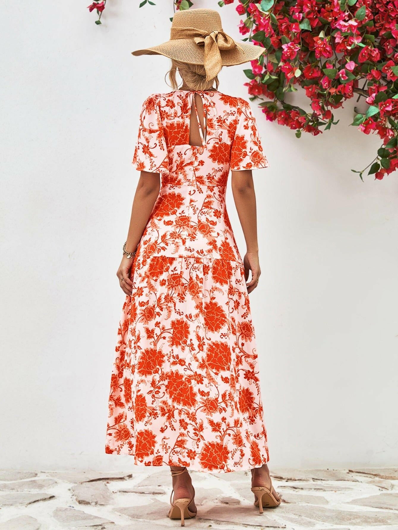 Floral Round Neck Tied Open Back Dress.