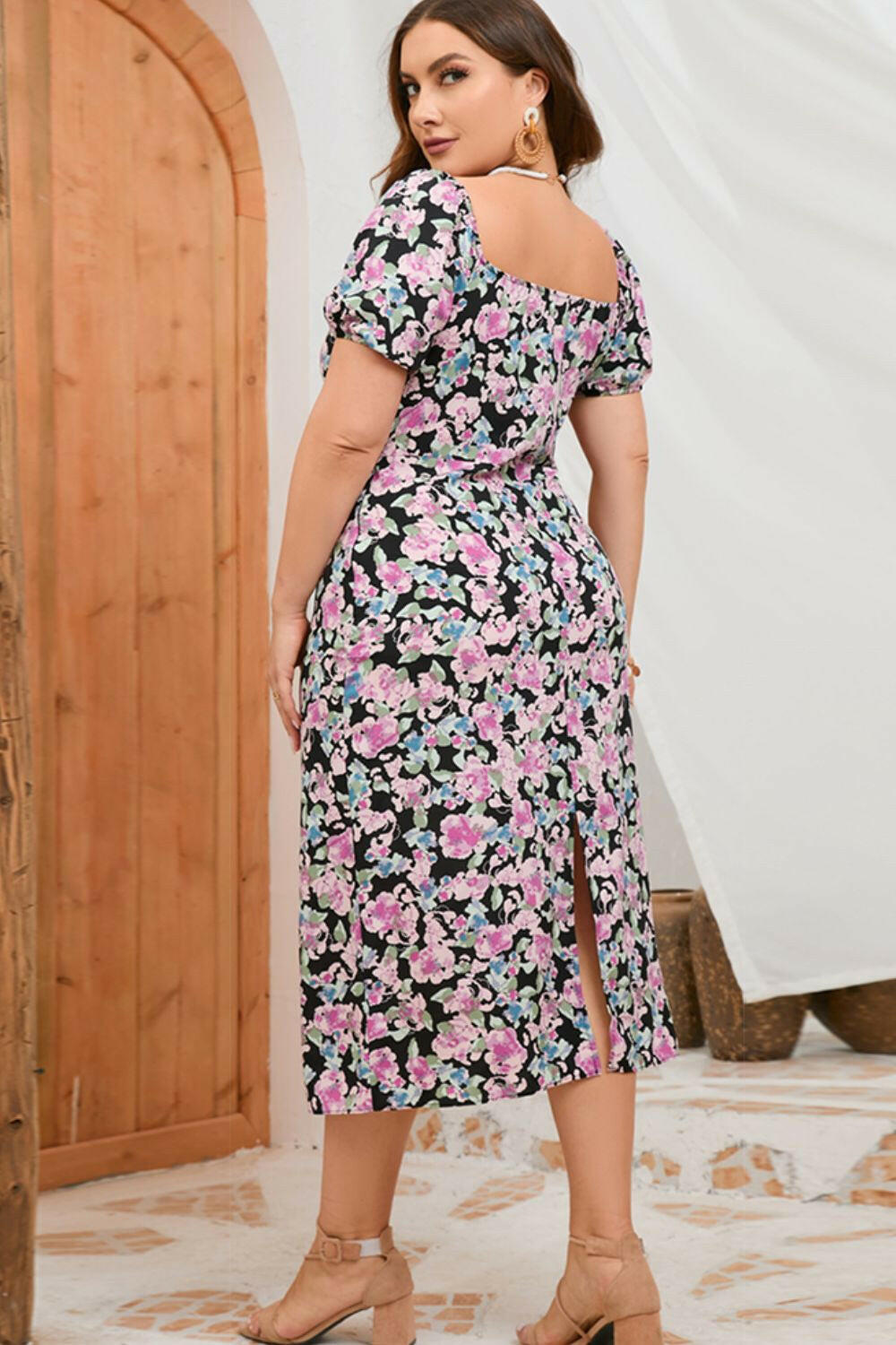 Plus Size Floral Ruched Slit Midi Dress - By Baano