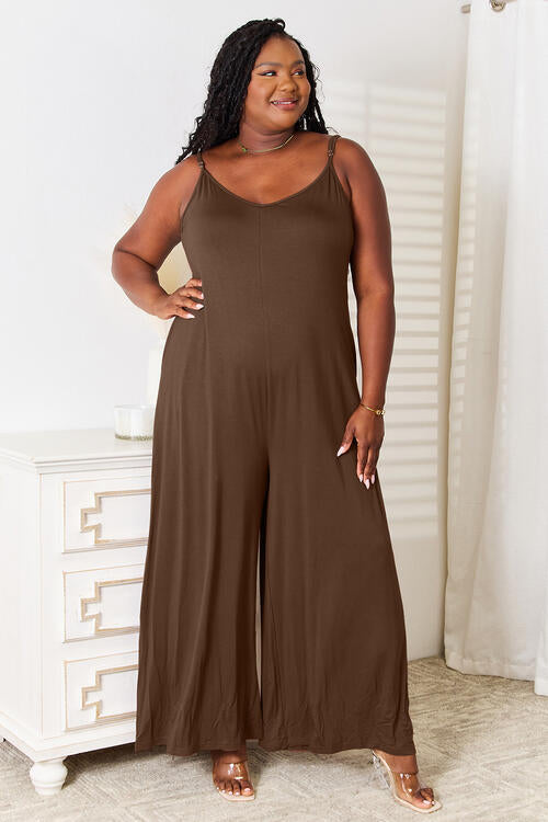 Double Take Full Size Soft Rayon Spaghetti Strap Tied Wide Leg Jumpsuit - By Baano
