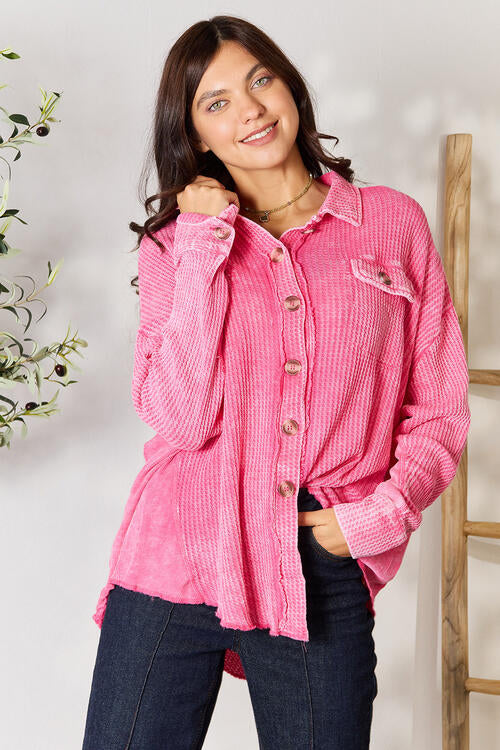 Zenana Waffle-Knit Button Up Collared Neck Shirt