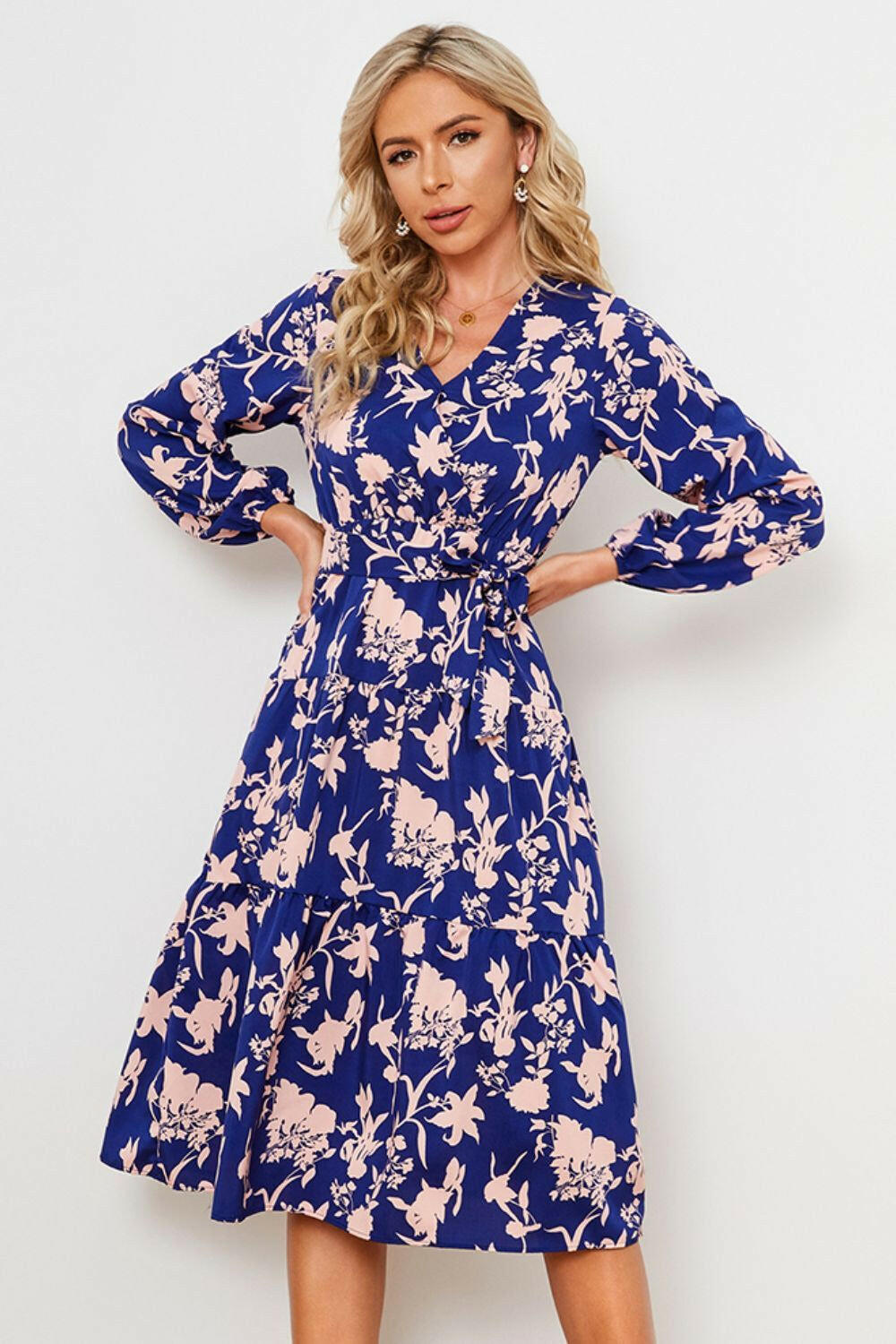 Floral Belted Tiered Midi Dress - By Baano