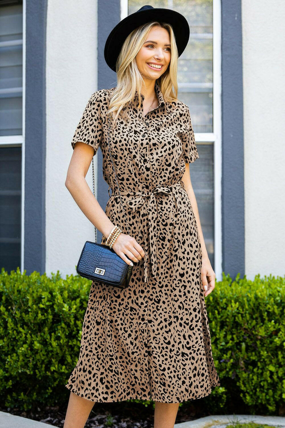 Animal Print Short Sleeve Belted Dress - By Baano