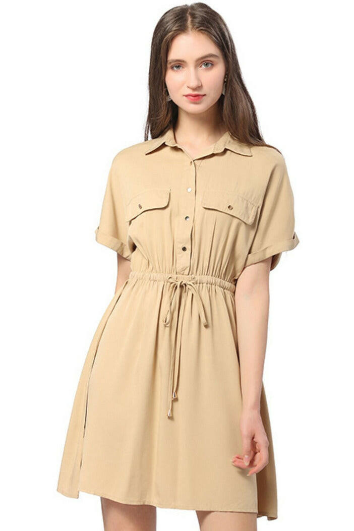Half Button Drawstring Waist Short Sleeve Shirt Dress - By Baano