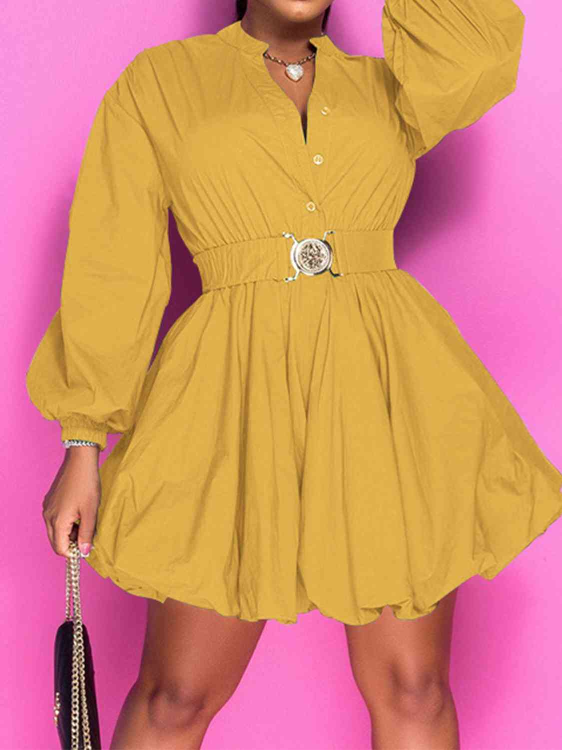 Notched Button Up Balloon Sleeves Dress - By Baano