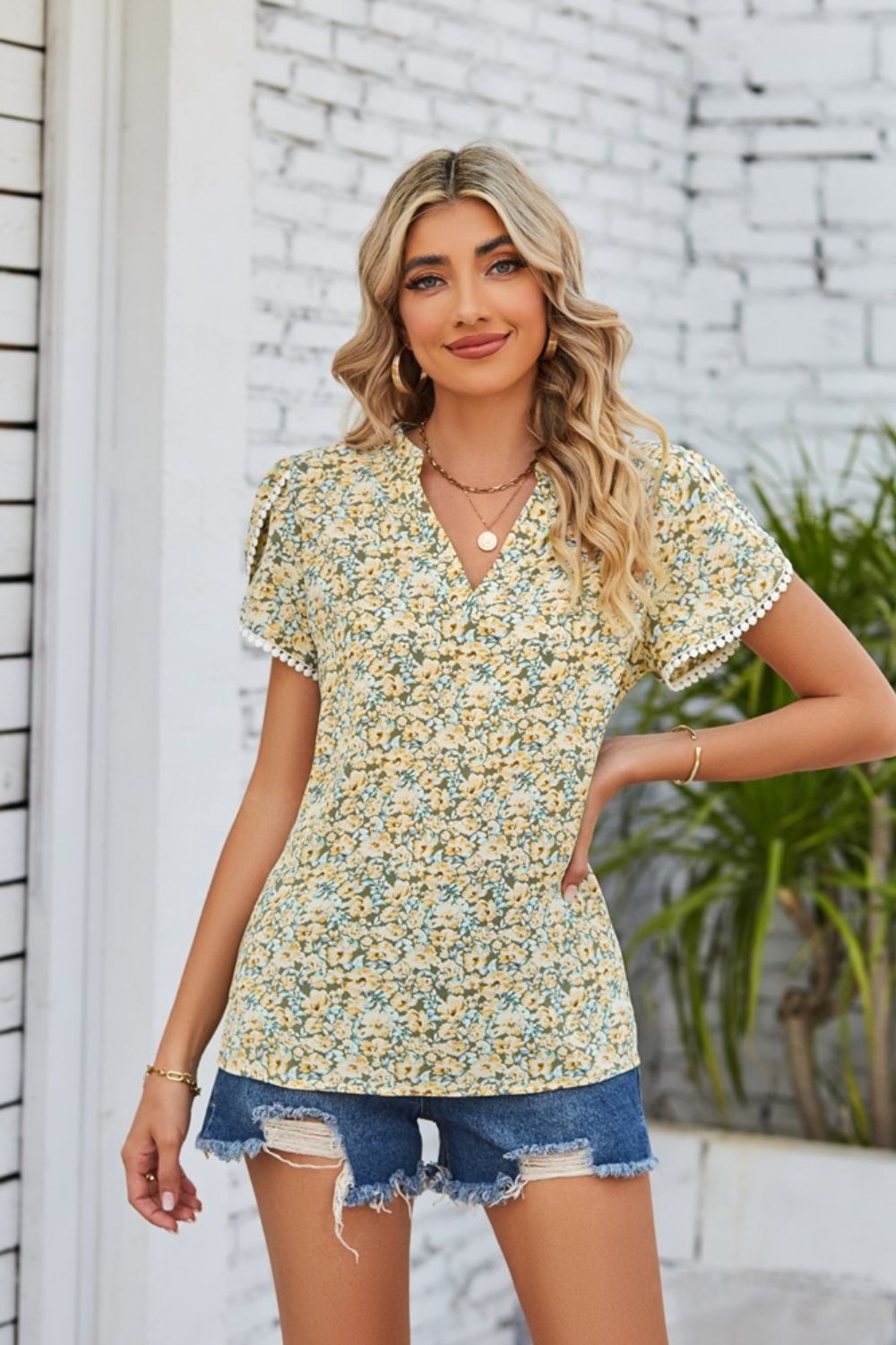 Floral Notched Neck Blouse - By Baano