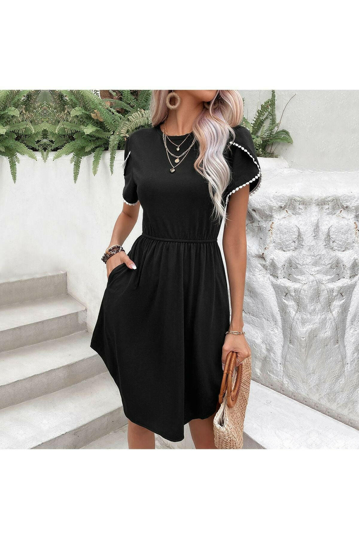 Round Neck Petal Sleeve Dress with Pockets.