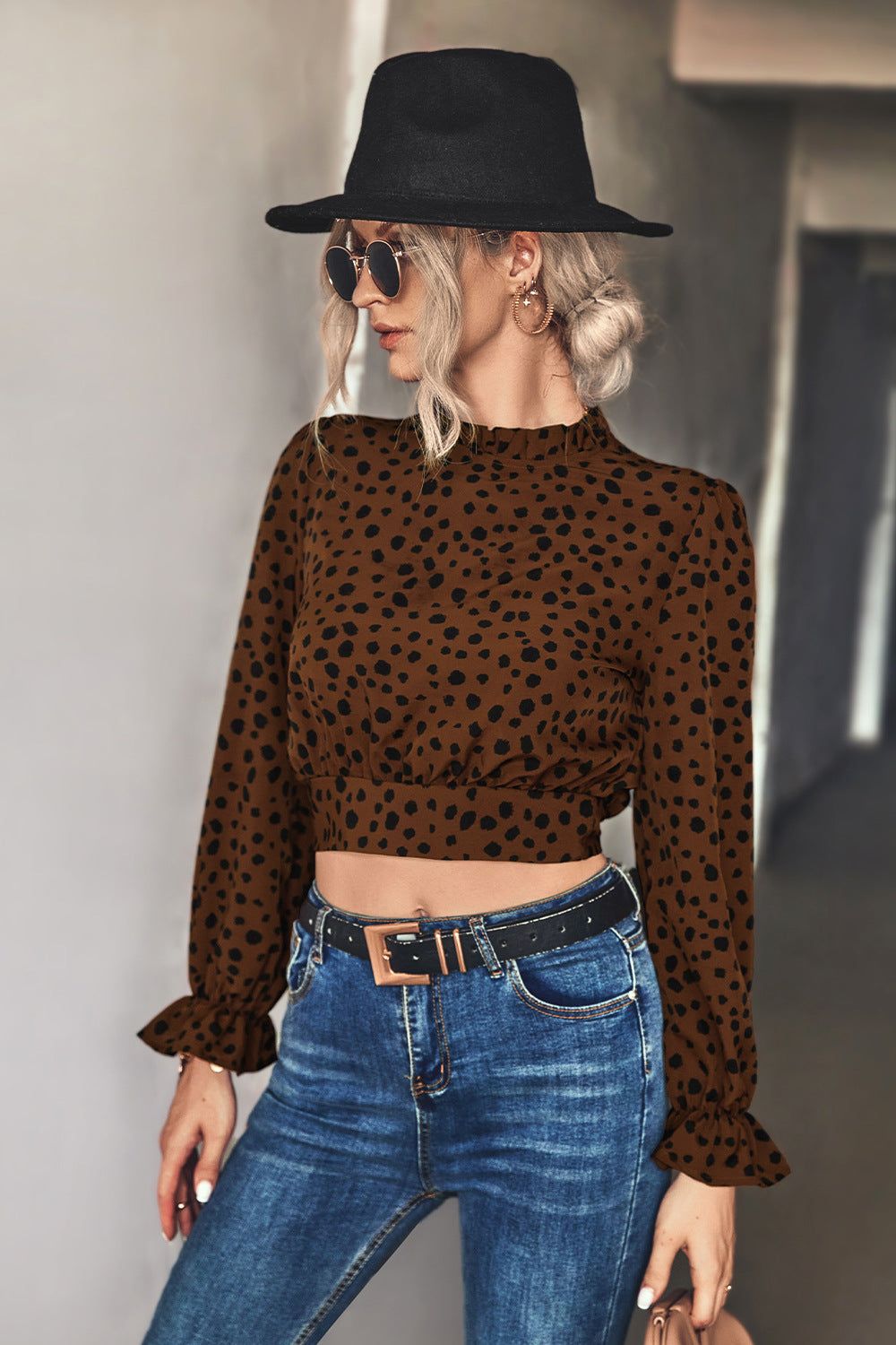 Animal Print Tie-Back Cropped Blouse.