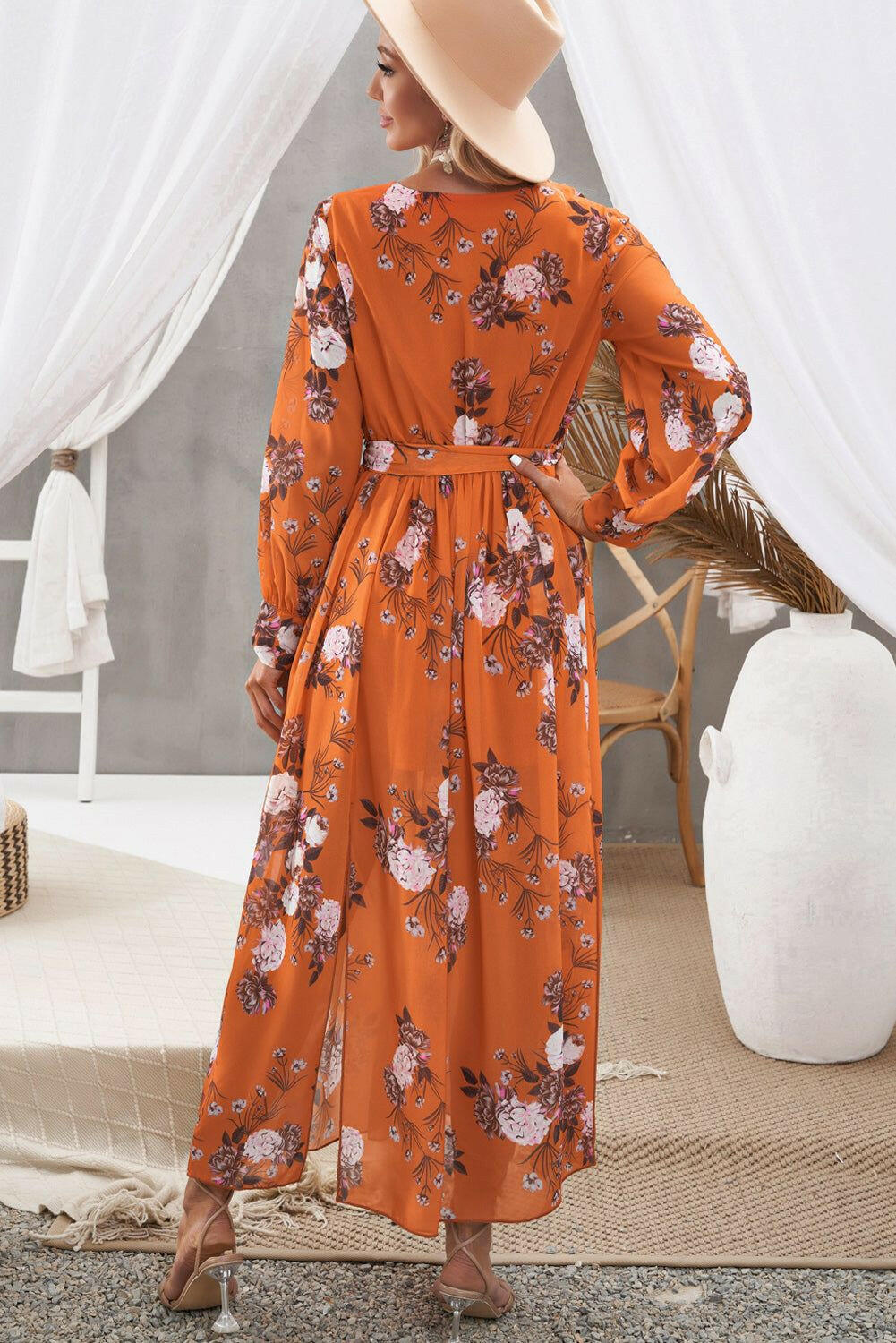 Floral Tie Waist Slit Maxi Dress - By Baano