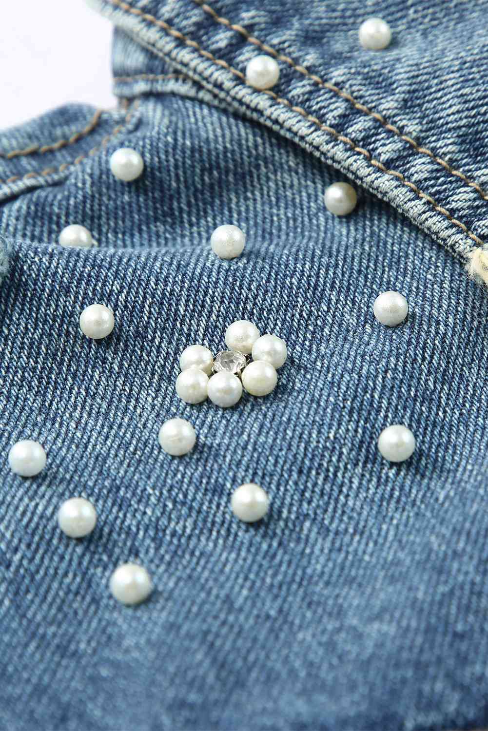 Pearl Detail Distressed Button Up Denim Jacket - By Baano