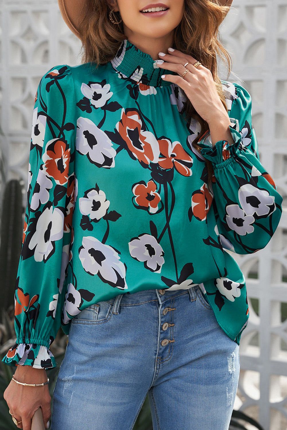 Floral Smocked Mock Neck Flounce Sleeve Blouse - By Baano
