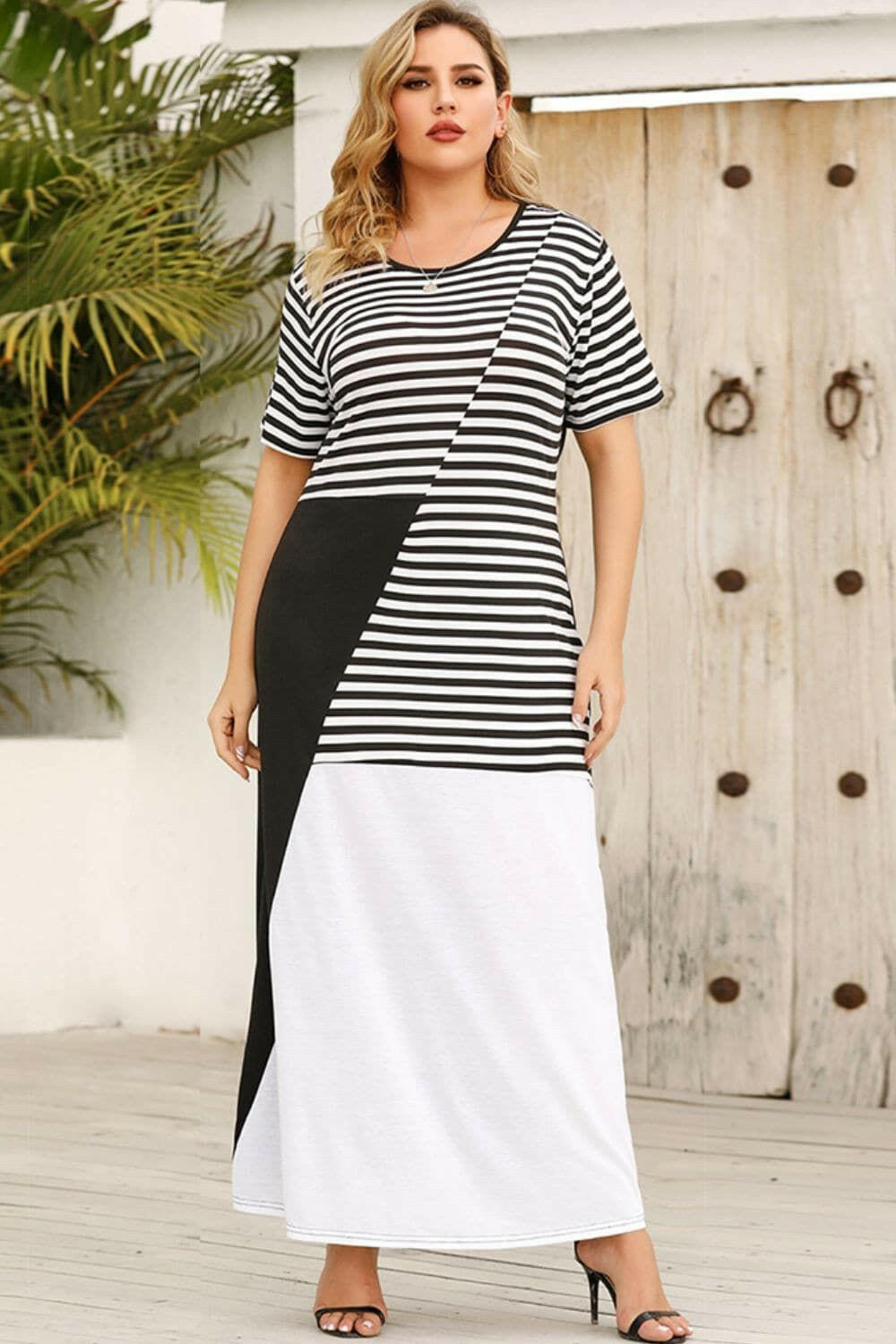 Plus Size Striped Color Block Round Neck Dress - By Baano
