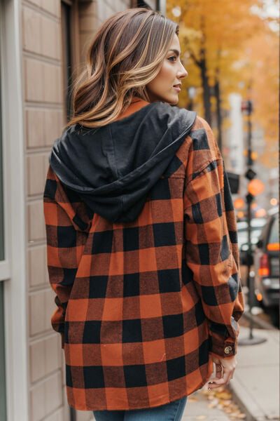 Plaid Button Up Drawstring Hooded Shacket - By Baano