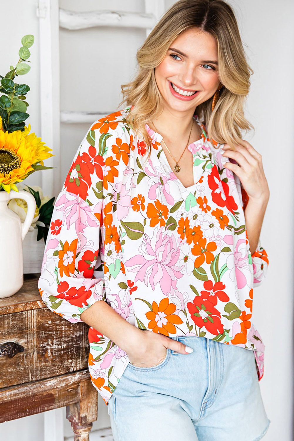 Floral Notched Neck Balloon Sleeve Blouse - By Baano