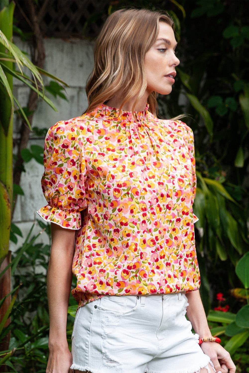 Floral Puff Sleve Keyhole Blouse - By Baano