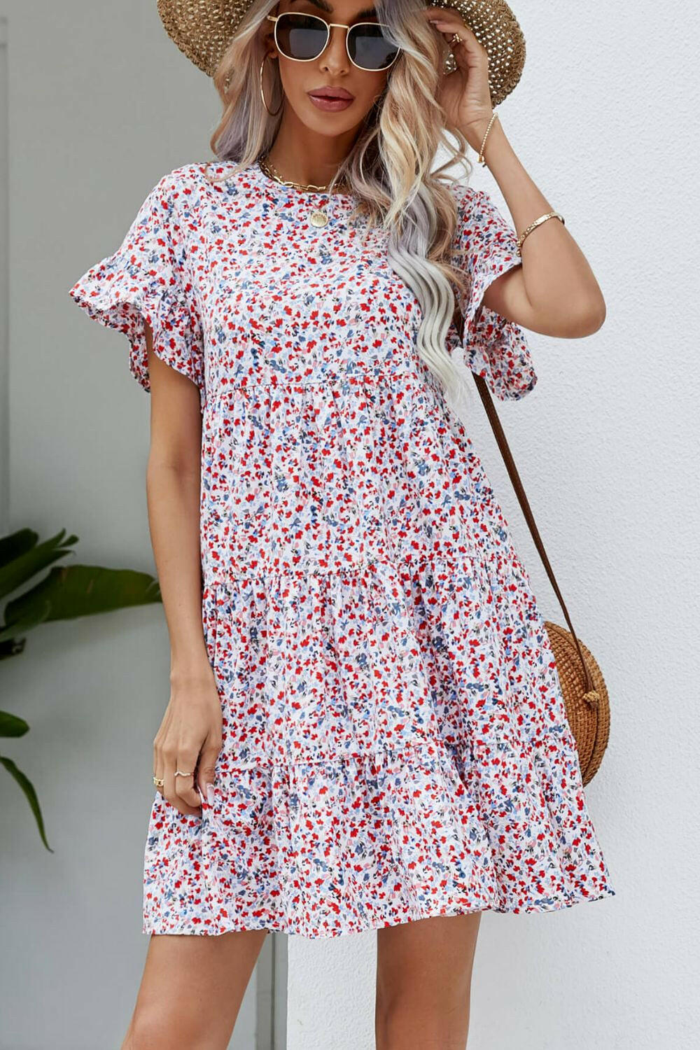 Ditsy Floral Flounce Sleeve Tiered Dress - By Baano