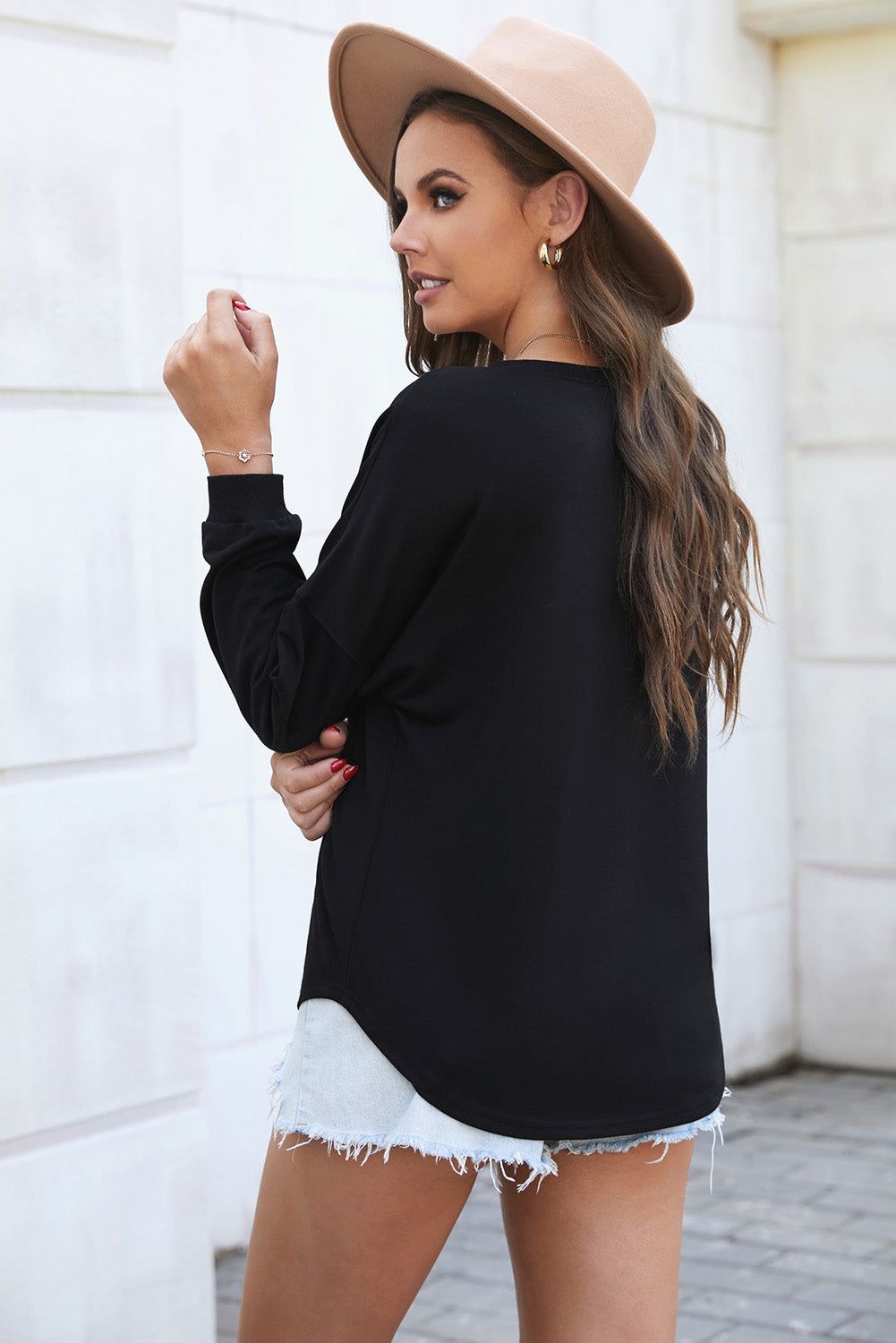 Button Detail Curved Hem Top - By Baano