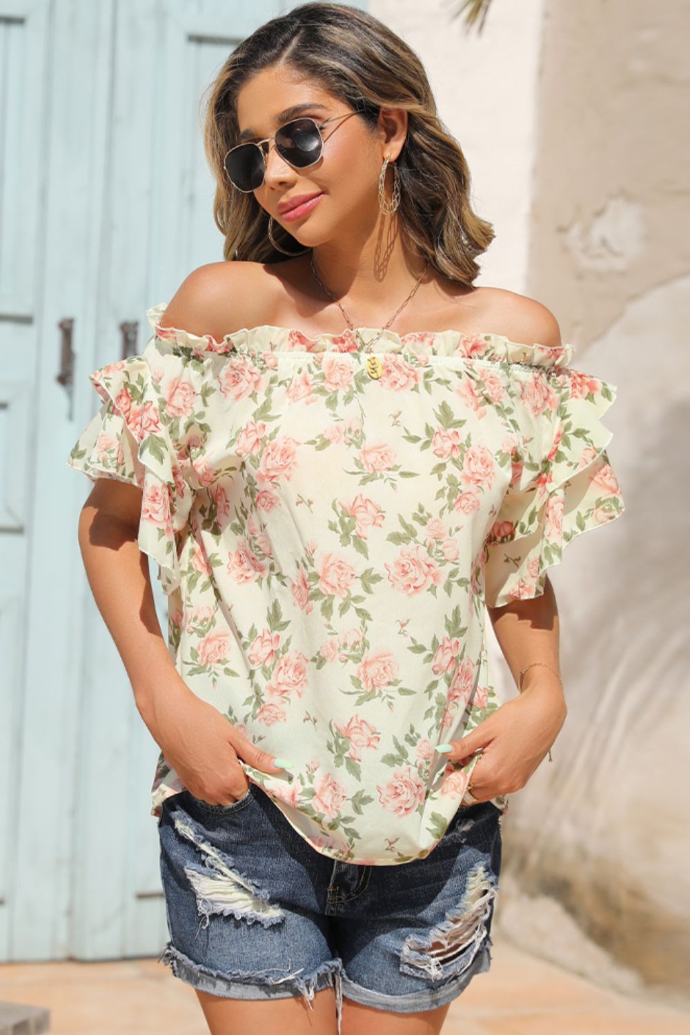 Floral Frill Trim Off-Shoulder Blouse - By Baano