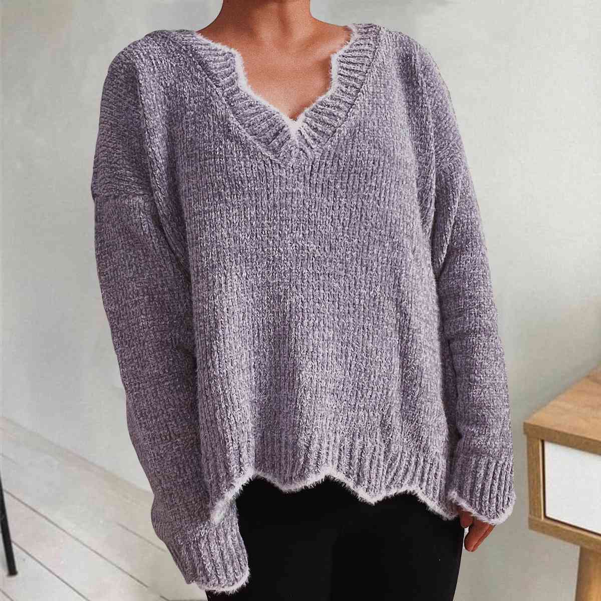 V-Neck Drop Shoulder Long Sleeve Sweater - By Baano