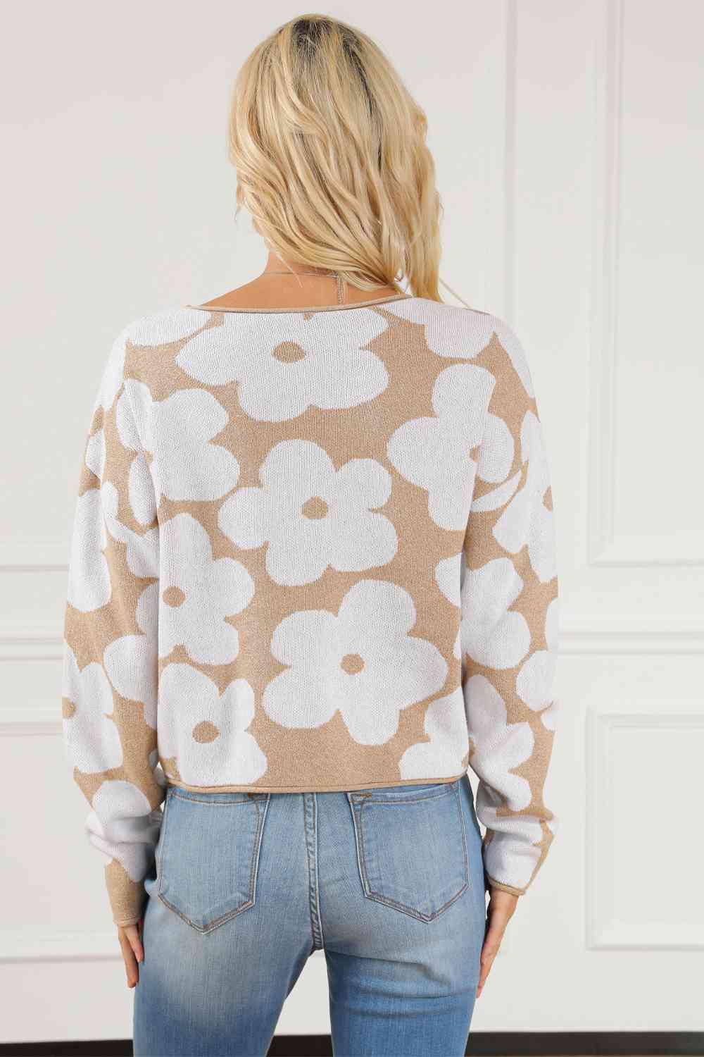 Floral Print Round Neck Drop Shoulder Sweater - By Baano