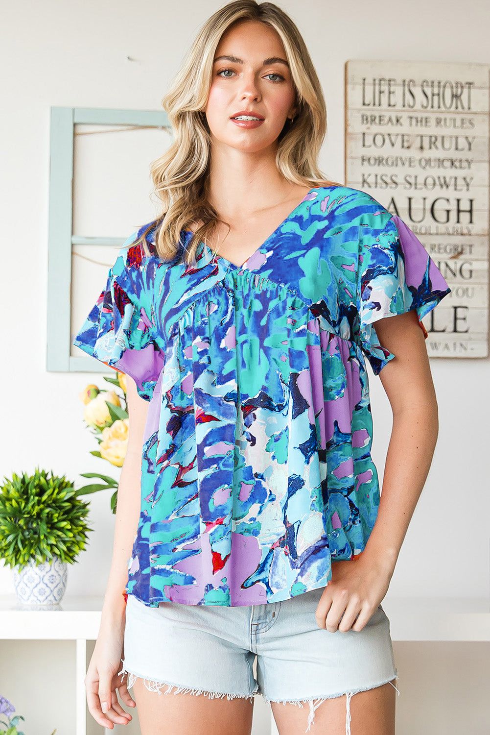 Floral V-Neck Short Sleeve Blouse - By Baano