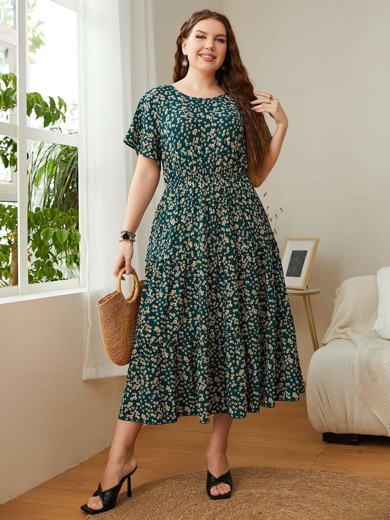 Plus Size Floral Round Neck Short Sleeve Midi Dress - By Baano