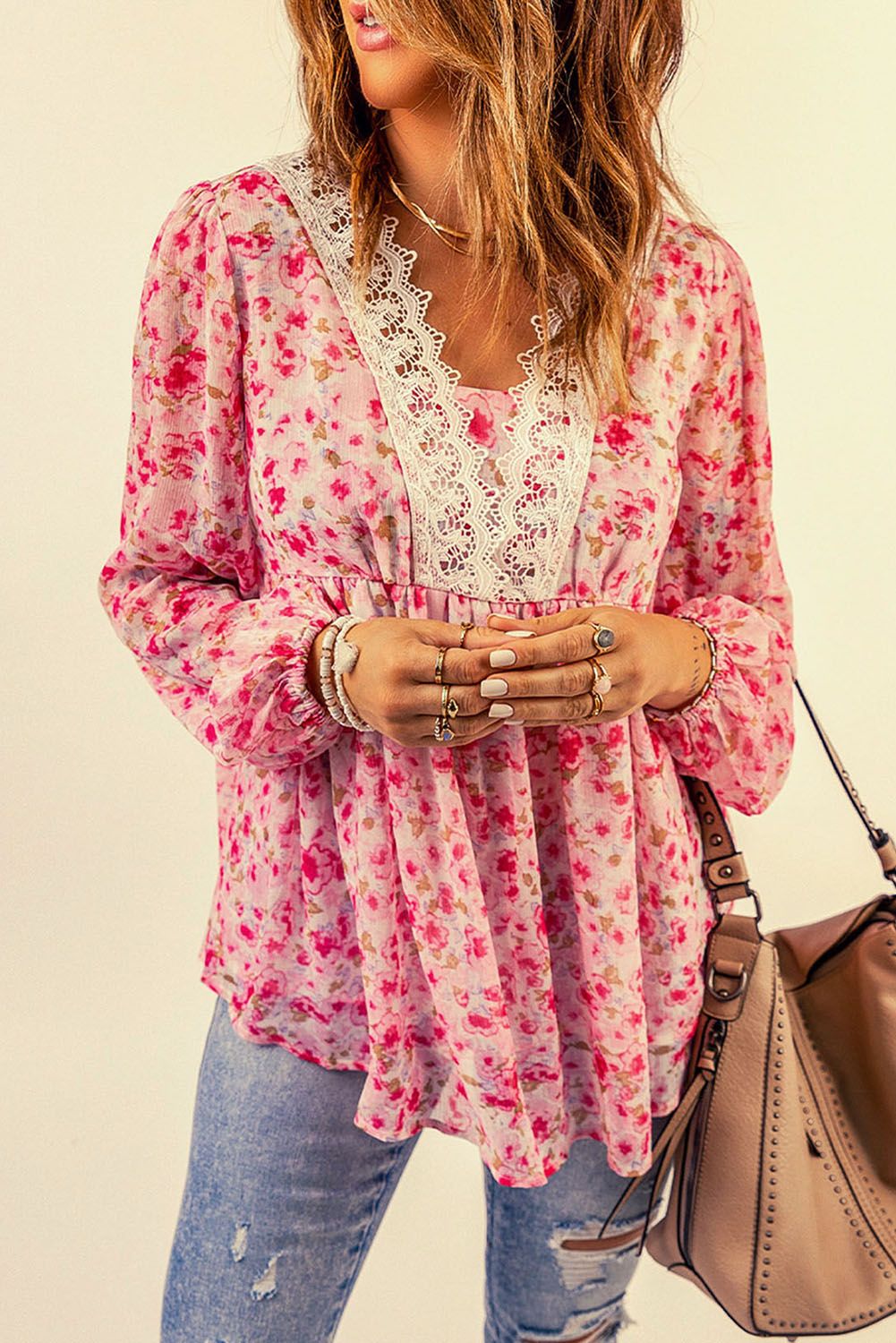 Floral Lace Trim Balloon Sleeve Blouse.