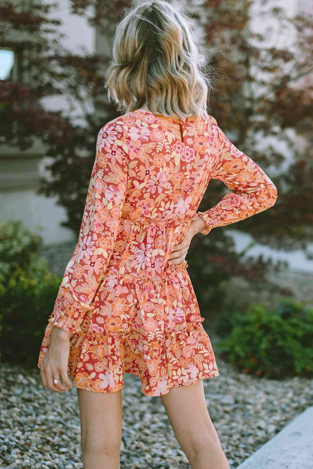 Floral Print Round Neck Long Sleeve Tiered Dress - By Baano