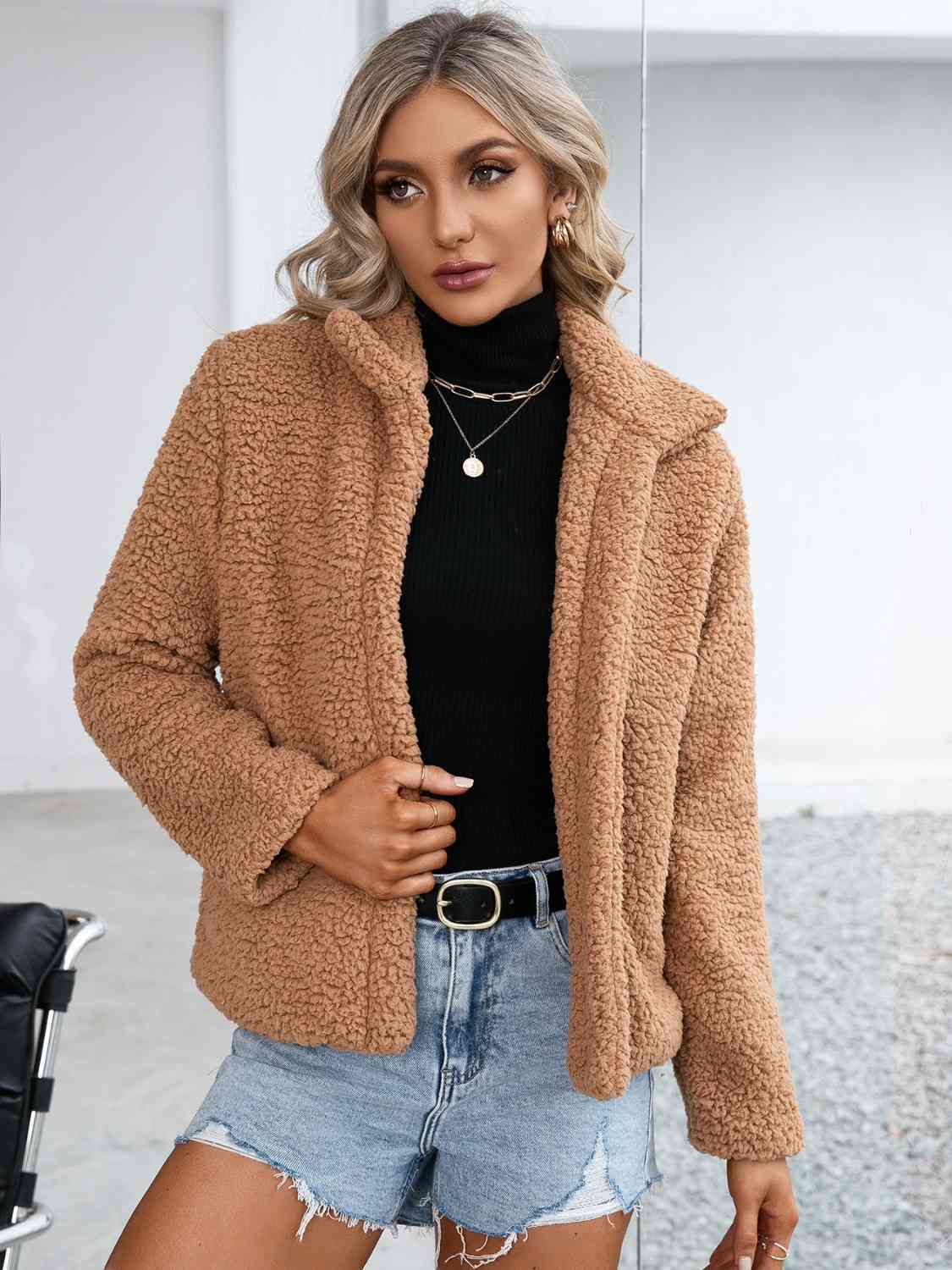 Collared Neck Open Front Faux Fur Outerwear